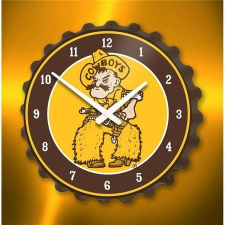 Grimm Industries WY-540-02 Team Spirit Bottle Cap Wall Clock - UW Pistol Pete, Brown & Gold