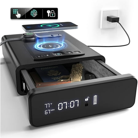 Grimtron Biometric Gun Safe with LED Screen Displaying Clock, 2-in-1 Watch and Smartphone Wireless Charging, Touch-sensitive Backlit Keypad, LED Light, Safety Cable, and Automatic Pop-up Unlocking