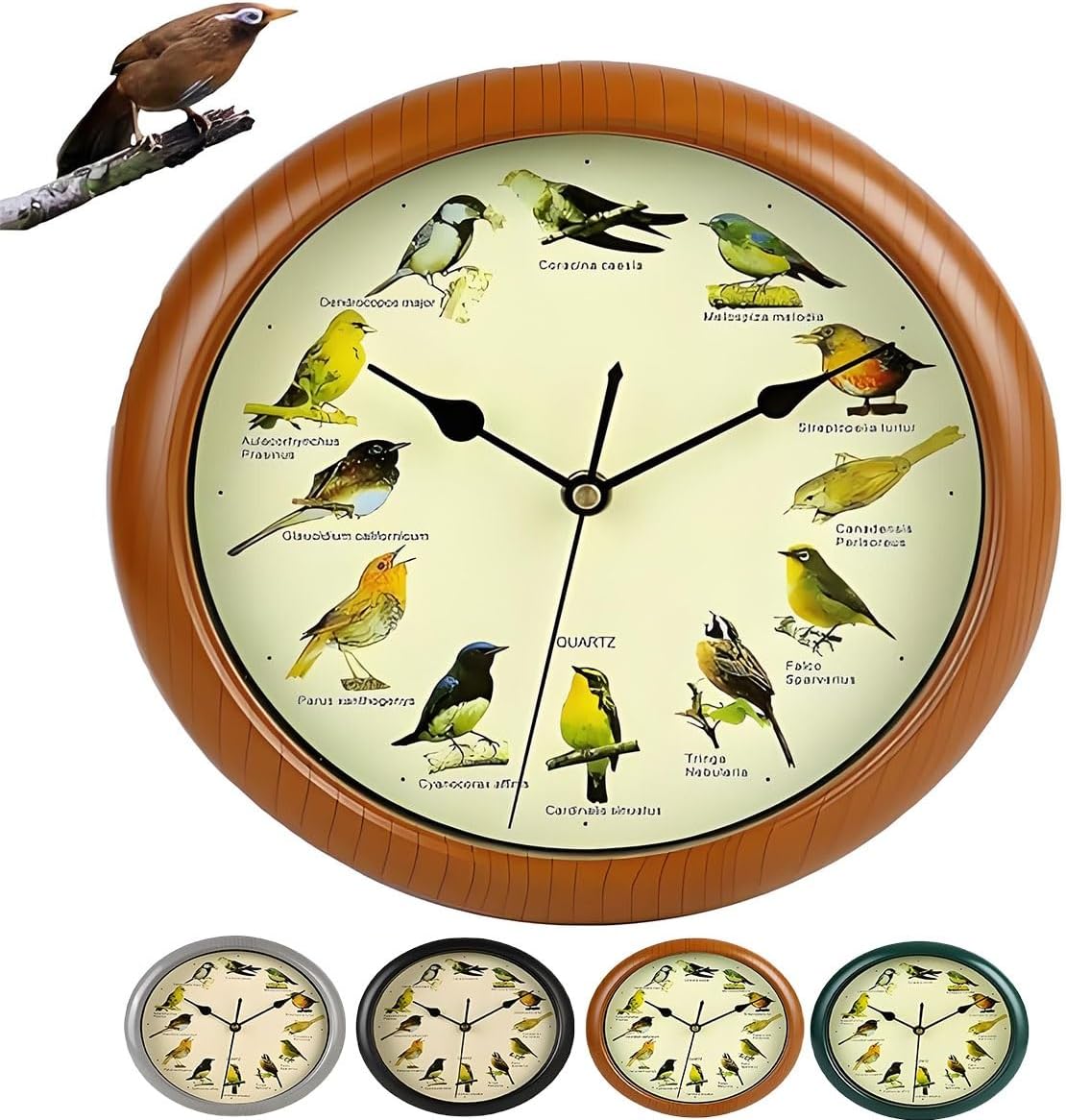 Grishay Birdsong Timepiece, Bird Clock That Sings on Hour, Musical Wall Clock, Vintage Birds Clock, Clock with Bird Decor, Bird House Wall Clock for Home Office(Brown,13in)