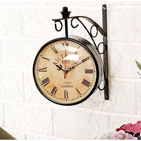 Handmade Victoria London Vintage Double Sided Station Analog Wall Clock with Black Stand