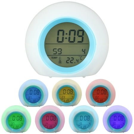 Hands DIY Kids Alarm Clock LED Digital Clock 7 Color Changing Night Light Bedside Clock With Indoor Temperature 12/24h Battery Powered For Kids Boys Girls