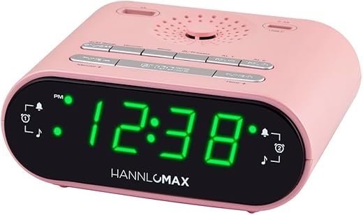 HANNLOMAX HX-158CR Alarm Clock Radio, FM Radio, 0.7" LED Display, 1 USB Port for 1A Charging & 1 USB Port for 2.4A Type-C Charging, AC Operation only (Pink)