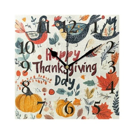 Happy Thanksgiving Line Art Pumpkins Leaves Square Wall Clock Battery Operated Easily Read Black Pointer Home Decor for Living Room Bedroom 7.78 x 7.78