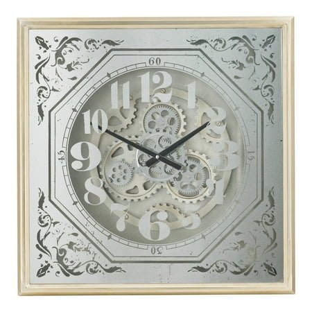 HomeStock Vintage Vogue Framed Mirrored Gear Wall Clock, Antique Silver, 24x24, Glass Mirrored Case with Exposed Gears, Elegant Design