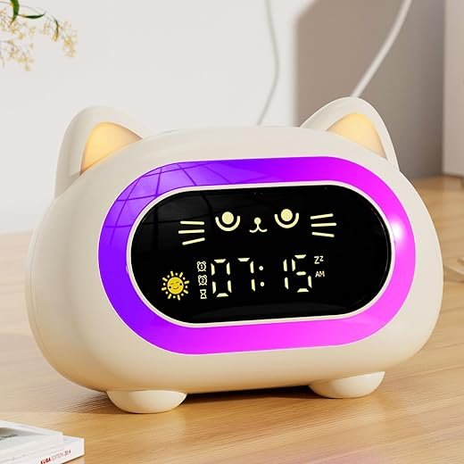 Honesorn Alarm Clock for Kids, Ok to Wake Clock for Kids, Cute Cat Kids Alarm Clock for Girls Boys Toddler, Kids Clock with 10 Night Lights, 7 Soothing Sounds, Auto-Off Timer, Child Lock, Cream White