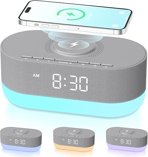 HOUSBAY Bluetooth Speaker Alarm Clock Radio - Organize Your Bedside Space, Wireless Charging, Sleep-Friendly Display& Light, Wake Up Energized