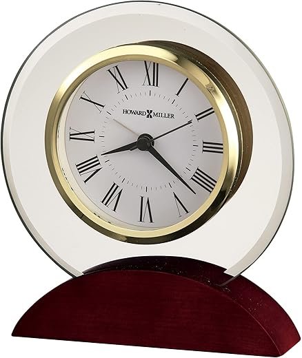 Howard Miller Dana Table Clock 645-698 – Satin Rosewood Finished Base, Beveled Glass Top, Roman Numerals, Contemporary Home Décor, Quartz, Alarm Movement