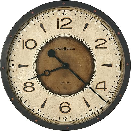 Howard Miller Kayden Oversized Wall Clock, Brown Finish Bold Arabic Numerals Vintage Home Decor Quartz Movement, Wall Mount Battery Powered Best for Living Room, Office and Home Decor Key Wound