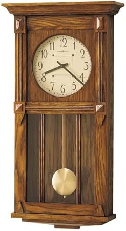 Howard Miller North Plains Wall Clock II 549-418 – Heritage Oak Finish, Antique Home Decor, Brushed Brass Finished Pendulum, Quartz, Dual-Chime Movement, Volume Control