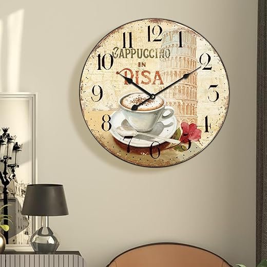 HQF 24 inch Wall Clocks French Coffee Clocks - PISA & Coffee French Style Wall Clock Silent Clocks Large Farmhouse Clocks with Upgraded Movement Large Number for Home Living Room Bedroom