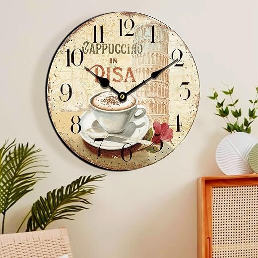 HQF Italian Wall Clock,16" Silent Wall Clocks Coffee & Torre di Pisa Style Vintage Rustic Clocks Farmhouse Clock Upgraded Movement MDF Wooden for Living Room Bedroom Kitchen Decor