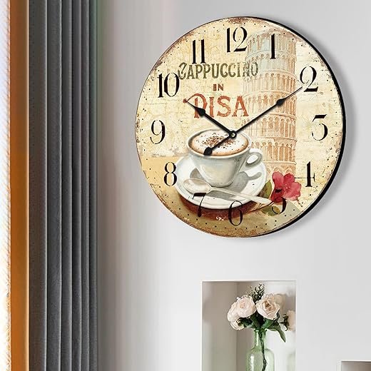 HQF Rustic Wall Clock 24 inch Wall Clocks Italian Retro Style Timepieces Clock Silent Movement Large Number Reading Farmhouse Clock for Living Room Bedroom Kitchen Decor Coffee & Torre di Pisa