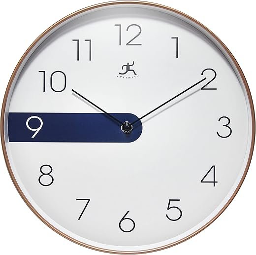 Infinity Instruments 12 Inch Blue Stripe Plastic Indoor Non-Ticking Silent Battery Operated Easy to Read Wall Clock for Living Room, Bedroom, Kitchen, Home Office, Copper