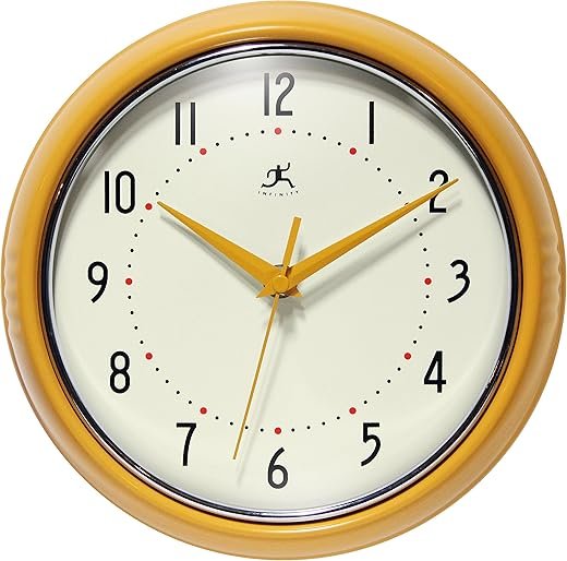 Infinity Instruments LTD. Retro 9 inch Silent Sweep Non-Ticking Mid Century Modern Kitchen Diner Wall Clock Quartz Movement Retro Wall Clock Decorative (Saffron Yellow)…