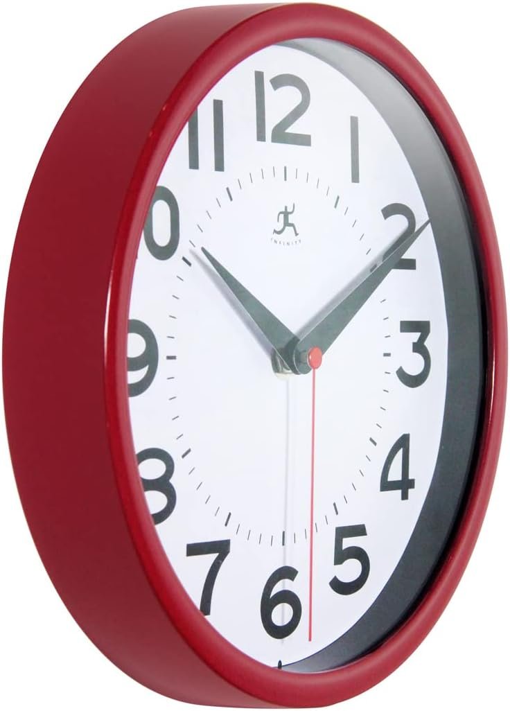 Infinity Instruments Metro 9 Inch Round Silent Non- Ticking Modern Wall Clock, Modern Style Décor for Any Room, Easy to Read Face, Red