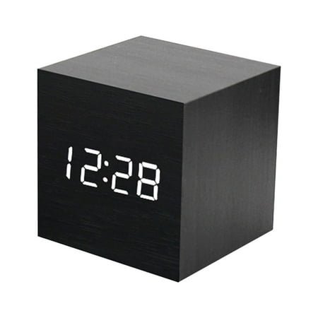 INSTAKA Creative USB Charging Square Multifunction LED Wood Clock Electronic Mini Alarm Clock without Battery (Black White Light)