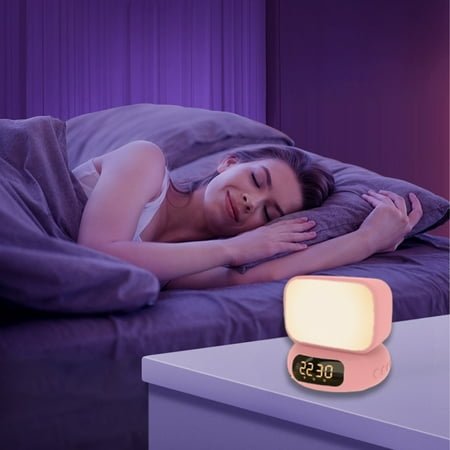 IUYT6 Versatile Clock Alarm Rechargeable Bluetooth Speaker with Three Colors Temperature Infinite Dimming and Rotating Night Light Daily Use