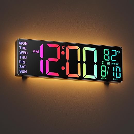 JALL 10.5'' Large Digital Wall Clock with Remote Control, Dual Alarm with Big LED Screen Dispaly, 8 RGB Colors, Auto DST, Temperature for Living Room, Bedroom, Decor, Gift for Elderly