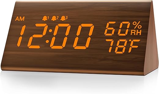 JALL Digital Alarm Clock, with Wooden Electronic LED Time Display, 3 Alarm Settings, Humidity & Temperature Detect, Wood Made Electric Clocks for Bedroom, Bedside (Brown)