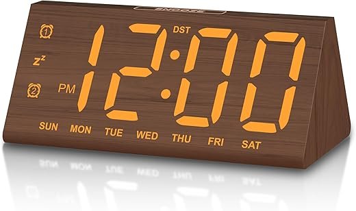 JALL Wooden Digital Alarm Clocks for Bedrooms, Large Bold Digits Electric Desk Clock, with Dual Alarm, USB Port, DST, Auto Dimmer for Wood Decor, Bedside, Gift (Brown)