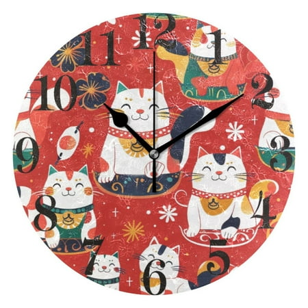 Japanese Lucky Cats Wall Clock 9.8 inch Battery Operated Clocks Non-Ticking Silent for Bedroom Office Kitchen Living Room