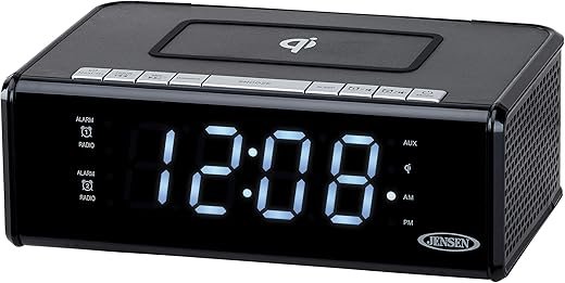 Jensen QiCR-200 Dual Alarm Clock Radio with Qi Charging, White, 9.40in. x 5.00in. x 3.00in.