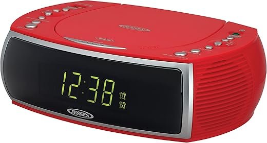 Jensen Red Modern Home CD Tabletop Stereo Clock Digital AM/FM Radio CD Player Dual Alarm Clock CD Top-Loading Player | USB Charging Port DV 5V 800mA | Headphone Jack | 0.9 Display Green LED