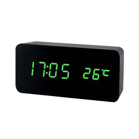 Jinyuann LED Desk Wood Digital Alarm Clock Silent Clock Time Temperature Adjustable Brightness (Black Wood and Green Display)