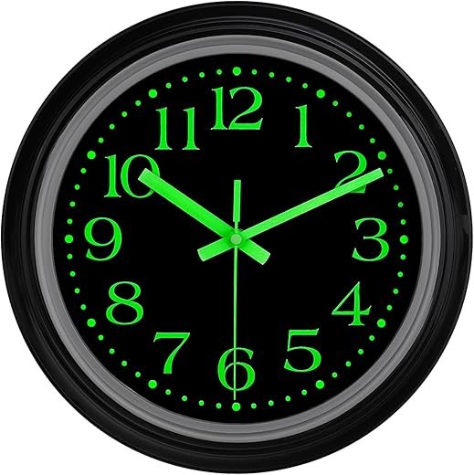 JoFomp Glow in The Dark Clock Wall Decor, 12 Inch Silent Wall Clocks Battery Operated, Luminous Wall Clock for Living Room Decor, Night Light Wall Clock for Bedroom Kitchen Bathroom Garage Office