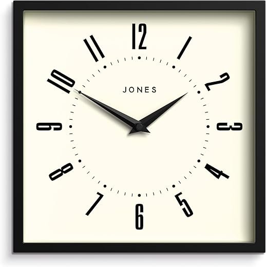 JONES CLOCKS® Box Wall Clock | Retro Square Clock | 10 inch | Black | Easy to Read Numbers | Perfect Kitchen Clock or Office Clock