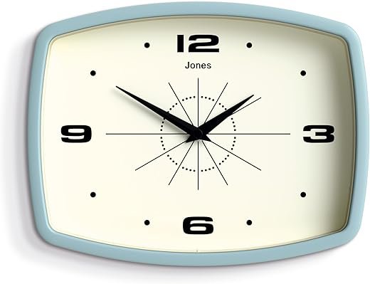 JONES CLOCKS® Movie Wall Clock | Retro Rectangular Clock | 10 inch | Pale Blue | Cool Designer Look for Kitchen, Living Room or Office