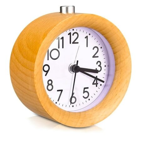 Jsbaby Classic Silent Small Round Wood Alarm Clock Bedside Mute Table Snooze Alarm Clock