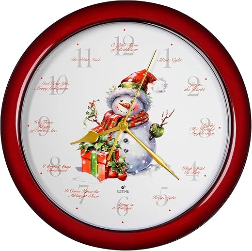 JUSTIME 14-Inch Home Wall Clock, Christmas Snowman Pattern Music Wall Clock, Decorative Timepiece for Home Décor (TCXM-SNW-RD)