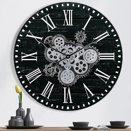 Lafocuse 23 Inch Wooden Large Wall Clock with Moving Gears, Roman Numeral, Black, Unisex