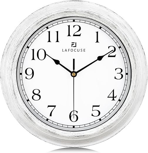 Lafocuse Farmhouse White Wall Clock 12 Inch Silent Non Ticking, Vintage Kitchen Clocks Wall Battery Operated Distressed Clock Decorative for Living Room Bedroom Office