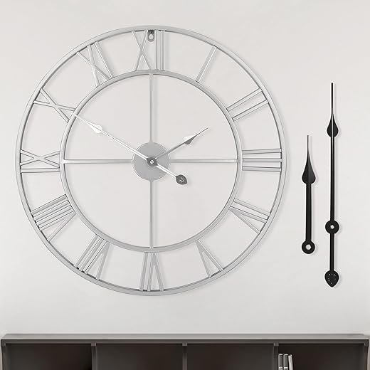 LEIKE 16 Modern Large Wall Clocks,Vintage, Round,Silent Non Ticking,Battery Operated,Silver Metal Roman Numerals Clock for Living Room/Bedroom/Kitchen Decor