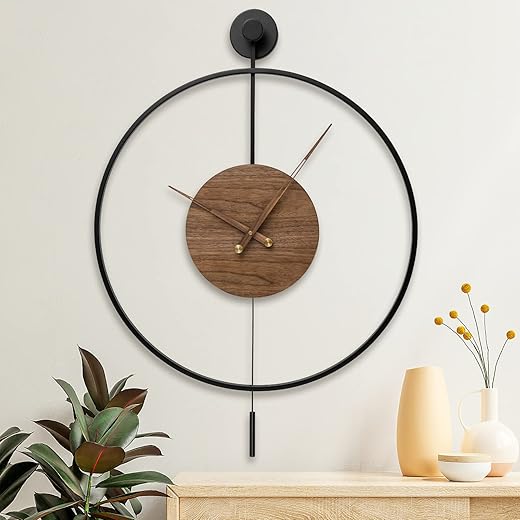 Large Modern Wall Clock,Wall Clocks for Living Room Decor,Classical Silent Metal Minimalist Walnut Dial,Big Decorative Farmhouse Pendulum Wall Clock With Walnut Pointers for Office,Dining Room