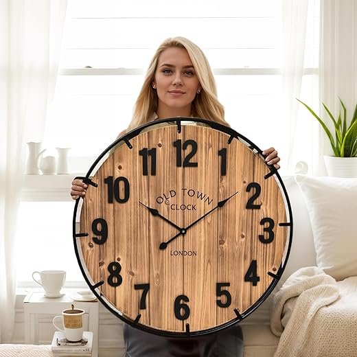 Large old town farmhouse wall clock-Large Wall Clock 30 Inches - Rustic Antique Wood with Metal Circle and Large Numerals Silent Battery Operated Wall Clock for Office Kitchen Bedroom Living Room