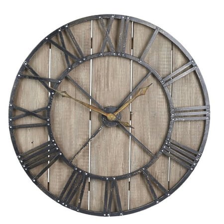 Large Oversized Decorative Rustic Wall Clock, Brown Wood / black Metal