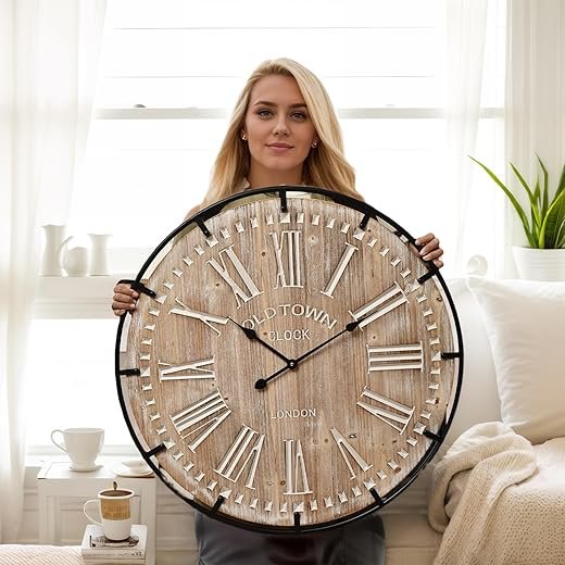 Large Wall Clock –30 in Farmhouse Wall Clock -Extra Large 30 inch Wood and Metal Wall Clock, Silent and Battery Operated for Living Room, Kitchen and Office Decor