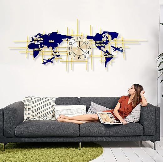 Large Wall Clocks for Living Room Decor,37.8 Inch Modern Wall Clock Silent Quartz 3D Clock,World Map Wall Clock Handmade Iron Frameless Wall Clock, Home Decorations for Bedroom Kitchen Office