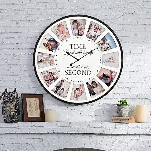 Large Wall Clock with Picture Frames Collage, Vintage Rustic Clock Wall Decor, Big Farmhouse Wall Clock for Home, Kitchen, Living Room, Silent Battery Operated 25 Inch White