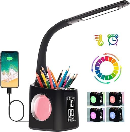 LED Desk Lamp with Clock,Color Changing Nightlight,Study Lamp with Pen Holder,Desk Light with USB Charger,Table Light for Home,Office,Gift for Kids,Students,Women,Black