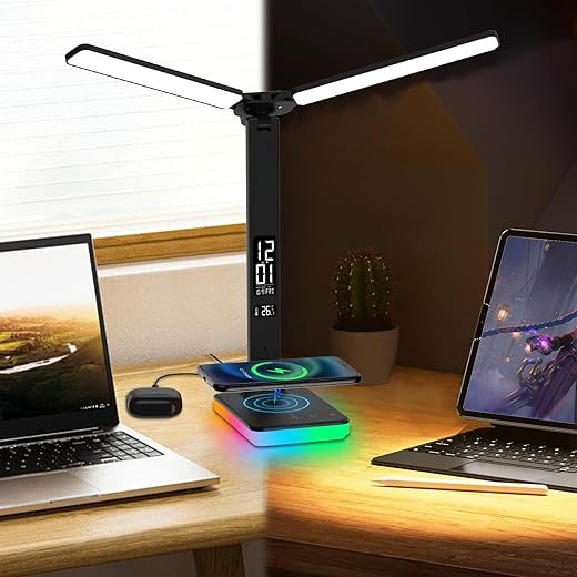 LED Desk Lamp with Wireless Charger, USB Charging Port, Dual Swing Arm Desk Light with 5 Brightness, 3 Colors, Table Lamp with Clock, Alarm, Date, Temperature, Desk Lamp for Home Office Study (Black)