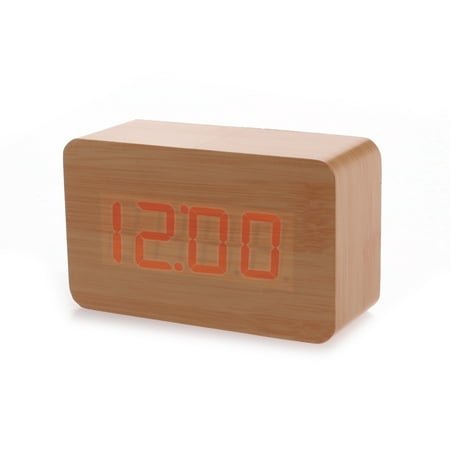 LED Digital Alarm Clock Battery Operated Desk Wooden Bamboo