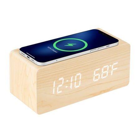 LED Digital Alarm Clock,Qi Wireless Charging Pad Compatible with iPhone Samsung Wood Clock Sound Control Function, Time Date, Temperature Display for Bedroom Office Home