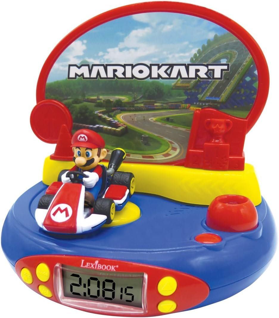 LEXiBOOK - Nintendo Mario Kart Projector Clock, Built-in Night Light, time Projection onto The Ceiling, Sound Effects, Battery-Powered, RP500NI