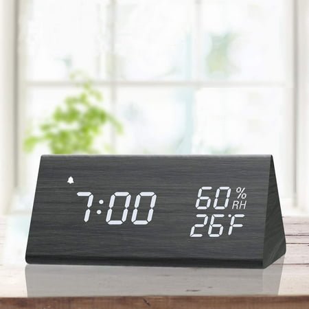 Ludlz Digital Alarm Clock, with Wooden Electronic LED Time Display, 3 Alarm Settings, Humidity & Temperature Detect, Wood Made Electric Clocks for Bedroom, Bedside