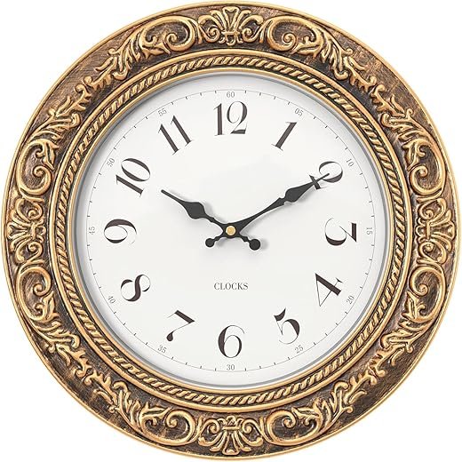 Menterry European Vintage Decorative Wall Clock, 12 Antique Gold Style, Battery Operated Retro Wall Clocks for Kitchen, Bedroom, Farmhouse, Bathroom, Offices