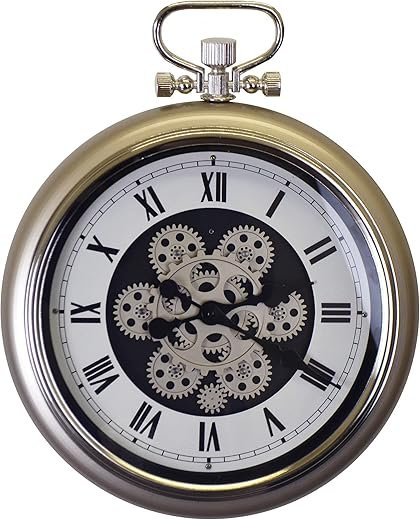 Metal Skeleton Pocket Watch Style Wall Clock with Roman Numerals and Actual Moving Gears